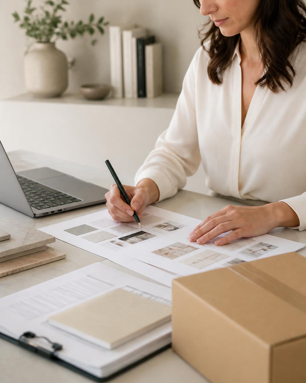 An operations coordinator marking up a printed specification sheet at a desk