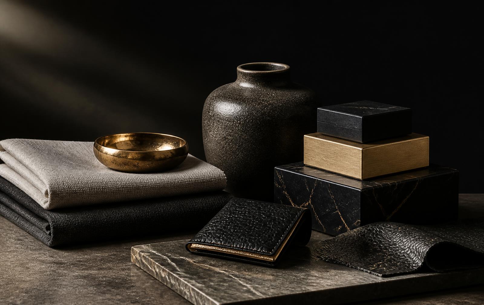 Premium product samples arranged on a stone surface — textiles, ceramics and packaging